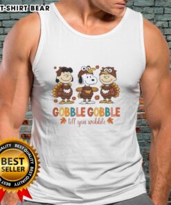 Official Snoopy and Friends Thanksgiving tank top featuring a fun turkey design with 'Gobble Gobble Till You Wobble' text.