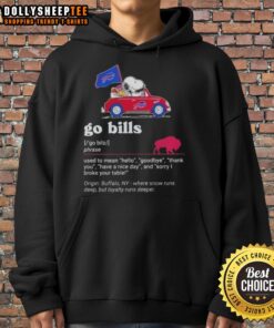 Alt Text: Snoopy driving a car in a Buffalo Bills hoodie, representing greetings and goodbyes with a fun, sporty vibe.