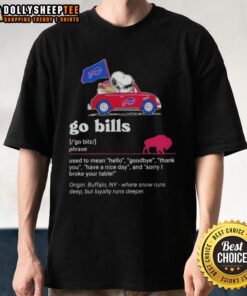 Alt Text: Official Snoopy driving car graphic on Buffalo Bills t-shirt, featuring 'Hello Goodbye Thank You Have A Nice Day' design.
