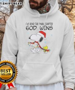 Official Snoopy X Woodstock hoodie featuring 'God Wins' Christmas lights design, perfect for festive holiday wear.