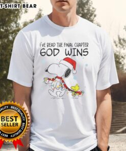 Alt Text: Official Snoopy X Woodstock I've Read The Final Chapter God Wins Christmas Lights T-Shirt design featuring festive graphics.