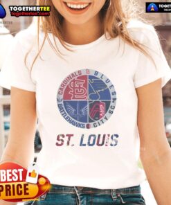 Official St. Louis Cardinals, Blues, Battlehawks, and City SC ladies tee featuring team logos and vibrant colors.
