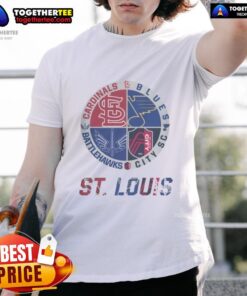 Official St. Louis Cardinals, Blues, Battlehawks, and City SC T-Shirt showcasing team logos and vibrant colors.