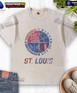 Official St. Louis Cardinals, Blues, Battlehawks, and City SC washed t-shirt featuring team logos, perfect for fans.