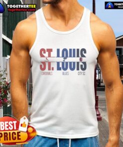 Official St. Louis City SC, Cardinals, and Blues tank top featuring bold team logos and cut text design.