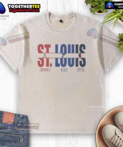 Official St. Louis City SC, Cardinals, and Blues washed t-shirt featuring cut text design for sports fans.