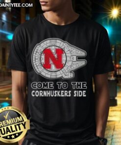 Official Star Wars Come To The Nebraska Cornhuskers Side T-Shirt featuring iconic characters and team colors.