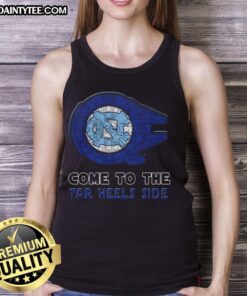 Alt Text: Official Star Wars Come to the North Carolina Tar Heels side tank top featuring vibrant graphics and team colors.