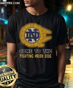Official Star Wars Come To The Notre Dame Fighting Irish Side T-Shirt featuring iconic characters and team colors.