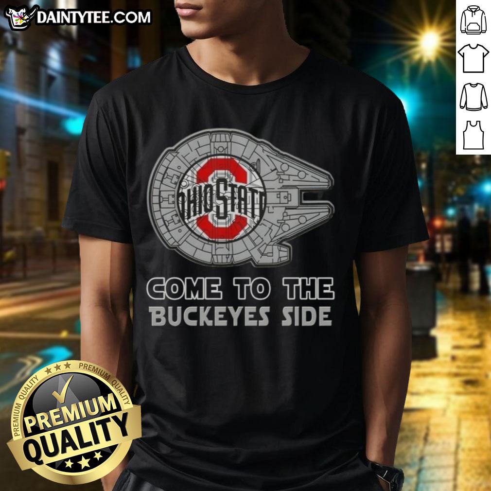 official-star-wars-come-to-the-ohio-state-buckeyes-side-t-shirt-1 Official Star Wars Ohio State Buckeyes Side T-Shirt featuring iconic characters and team logo, perfect for fans.
