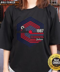 Official Stranger Things Hawkins 1987 Demogorgon logo ladies tee featuring bold graphic design and vintage style.