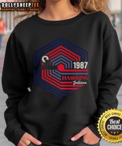 Official Stranger Things Hawkins Indiana 1987 Demogorgon logo sweatshirt featuring a unique design for fans.