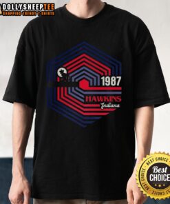 Alt Text: Official Stranger Things Hawkins Indiana 1987 Demogorgon Logo T-Shirt featuring a striking Demogorgon design.