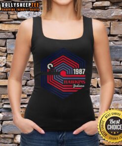 Alt Text: Official Stranger Things Hawkins Indiana 1987 Demogorgon logo tank top featuring a bold graphic design.