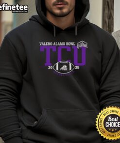 Alt Text: Official TCU Horned Frogs 2025 Valero Alamo Bowl logo hoodie featuring vibrant team colors and sporty design.