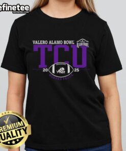 Official TCU Horned Frogs 2025 Valero Alamo Bowl logo on a ladies tee, showcasing team spirit and style.