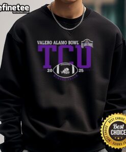 Alt Text: Official TCU Horned Frogs 2025 Valero Alamo Bowl logo sweatshirt featuring vibrant team colors and design.