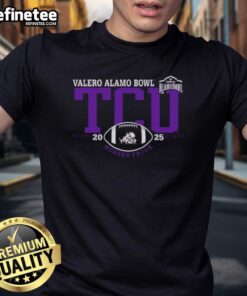 Official TCU Horned Frogs 2025 Valero Alamo Bowl logo t-shirt featuring vibrant colors and sporty design for fans.