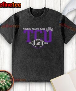 Alt Text: Official TCU Horned Frogs 2025 Valero Alamo Bowl logo on a washed t-shirt, perfect for game day and fan apparel.