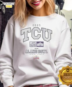 Alt Text: Official TCU Horned Frogs 2025 Valero Alamo Bowl sweatshirt featuring team colors and logo for fans.