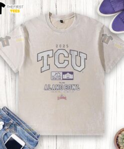 Official TCU Horned Frogs 2025 Valero Alamo Bowl washed t-shirt featuring team logo and vibrant colors.