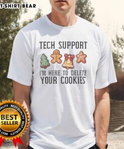 Funny Christmas T-shirt featuring 'Official Tech Support: Delete Your Cookies' for tech lovers and holiday humor.
