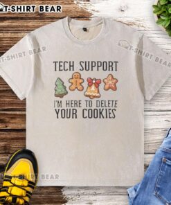 Funny Christmas T-shirt featuring 'Delete Your Cookies' tech support slogan for tech lovers and holiday humor enthusiasts.