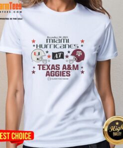 Official Texas A&M Aggies vs Miami Hurricanes 2025 CFP First Round Matchup helmet on a ladies tee shirt.