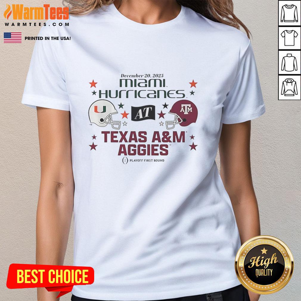 official-texas-am-aggies-vs-miami-hurricanes-2025-cfp-first-round-matchup-helmet-ladies-tee Official Texas A&M Aggies vs Miami Hurricanes 2025 CFP First Round Matchup helmet on a ladies tee shirt.