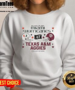 Alt Text: Official Texas A&M Aggies vs Miami Hurricanes 2025 CFP first round matchup helmet sweatshirt showcasing team pride.