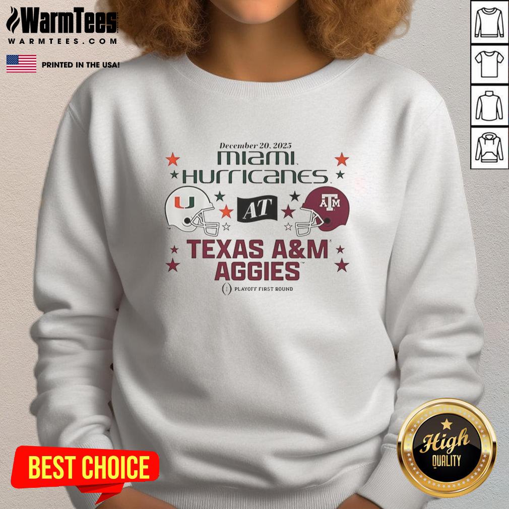 official-texas-am-aggies-vs-miami-hurricanes-2025-cfp-first-round-matchup-helmet-sweatshirt Alt Text: Official Texas A&M Aggies vs Miami Hurricanes 2025 CFP first round matchup helmet sweatshirt showcasing team pride.