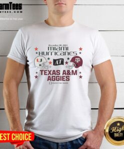 Official Texas A&M Aggies vs Miami Hurricanes 2025 CFP First Round Matchup Helmet T-Shirt design featuring team logos.