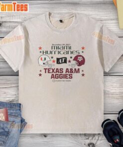 Official Texas A&M Aggies vs Miami Hurricanes 2025 CFP first round matchup helmet and washed t-shirt design.