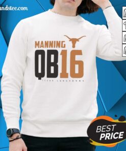 Official Texas Longhorns Manning QB 16 sweatshirt featuring bold team colors and logo, perfect for fans and athletes.