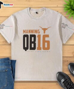 Official Texas Longhorns Manning QB 16 washed t-shirt featuring vibrant team colors and logo for fans and players.