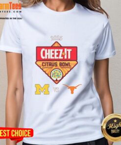 Alt Text: Official Texas Longhorns vs Michigan Wolverines 2025 Citrus Bowl ladies tee featuring team logos and vibrant colors.