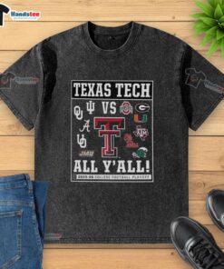 Alt Text: Official Texas Tech Red Raiders 2025 CFP vs All Yall logo washed t-shirt in a vibrant red color.