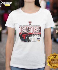 Official Texas Tech Red Raiders January 2026 CFP helmet design on a ladies' tee at Hard Rock Stadium.