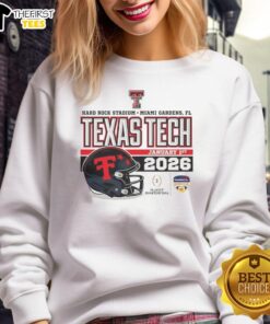 Official Texas Tech Red Raiders January 2026 CFP sweatshirt featuring helmet design at Hard Rock Stadium.