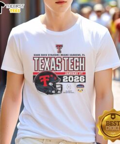 Official Texas Tech Red Raiders January 2026 CFP Hard Rock Stadium helmet t-shirt showcasing team pride and spirit.