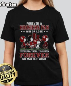 Official Peanuts Forever Indiana Hoosiers fan ladies tee showcasing team spirit with 'Win or Lose, Forever' slogan.