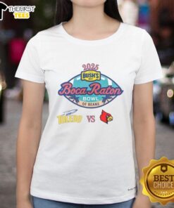 Official Toledo Rocket vs Louisville Cardinals 2025 Boca Raton Bowl matchup ladies tee featuring team logos and vibrant design.