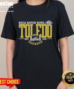 Official Toledo Rockets 2025 Boca Raton Bowl logo on a stylish ladies tee, showcasing team pride and event spirit.