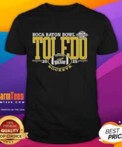 Alt Text: Official Toledo Rockets 2025 Boca Raton Bowl logo t-shirt featuring vibrant team colors and bold graphics.