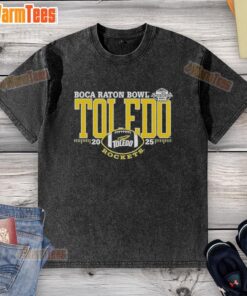 Alt Text: Official Toledo Rockets 2025 Boca Raton Bowl logo on a washed t-shirt, perfect for fans and supporters.