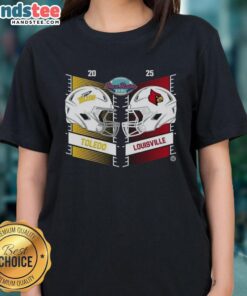 Official Toledo Rockets vs Louisville Cardinals 2025 Boca Raton Bowl head-to-head helmet design on ladies tee.