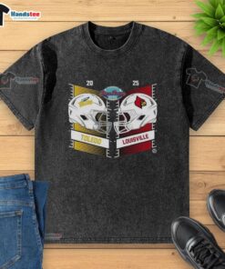 Official Toledo Rockets vs Louisville Cardinals 2025 Boca Raton Bowl head-to-head helmet design on a washed T-shirt.