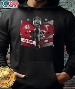 Official Troy Trojans vs Jacksonville State Gamecocks 2025 Salute to Veterans Bowl helmet hoodie displayed prominently.