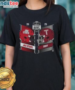 Official Troy Trojans vs Jacksonville State Gamecocks 2025 Salute to Veterans Bowl helmet on a ladies tee.