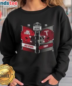 Alt Text: Official Troy Trojans vs Jacksonville State Gamecocks 2025 Salute to Veterans Bowl helmet sweatshirt design.